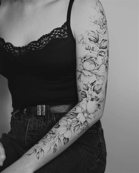 floral tattoo sleeve black and white